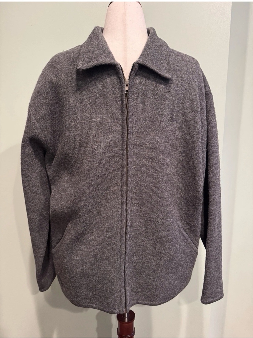 Vtg TIMBERLAND 100% Wool Full Zip Jacket Mens M Gray Knit Sweater Hong Kong VGC